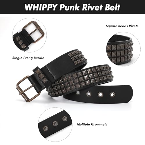 WHIPPY Women Men Rivet Studded Belt Row Pyramid Square Bead PU Faux Leather Punk Rock Grommet Belt for Jeans3
