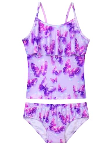 Image of Girls Tankini Swimsuit UPF50+ Ruffle 2 Piece Bathing Suit Full Coverage Kids Swimwear Ages 2-14 Years