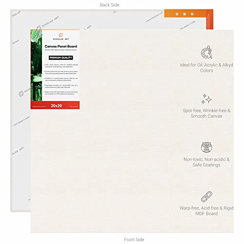 Image of Scholar Art Hobby Series 04 Oz (230 GSM) 100% Cotton Canvas Panel Board for Painting (White Blank Canvas Boards for Acrylic Paint, Oil Paint, Wet & Dry Media) | 20 inchx20 inch (50x50 cm), Pack of 6
