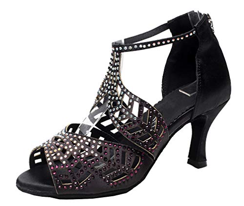 Chaussures de salsa latine haut de gamme à strass bout ouvert noir 33.5