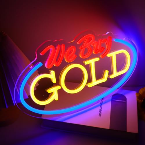 Image of We Buy Gold Neon Sign for Wall Decor, Dimmable Gold Jewelry Shop Store Light up Display LED Light, Red and Yellow Neon Lights for Accessory Store