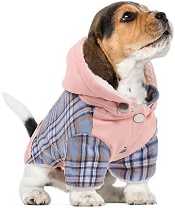 IKIPUKO Dog Winter Coat, Dog Fleece Jacket Dog Coat with Harness Hole Dog Hoodie with Hat Plaid Warm Dog Coat for Large Medium Small Dogs Puppy Hoodie Hooded Cold Weather Clothes(Pink Blue,S)