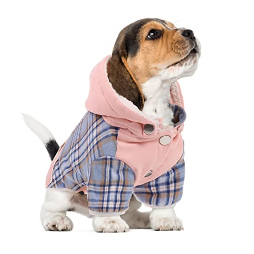 Ikipuko Dog Winter Coat, Dog Fleece Jacket Dog Coat With Harness Hole Dog Hoodie With Hat Plaid Warm Dog Coat For Large Medium Small Dogs Puppy Hoodie Hooded Cold Weather Clothes(Pink Blue,S) #TOP4