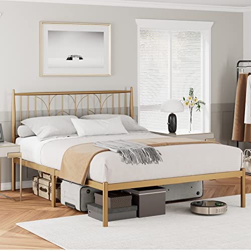 Senfot Bed Frame, Gold Metal Queen Size Platform Bed Frame With Headboard, Heavy Duty Metal Slat Support, Mattress Foundation, Noise Free Design, Easy Installation, Gold #TOP3