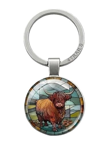 4Trails Unisex Stained Glass Highland Cow Lucky Scottish Flower Green Keyring