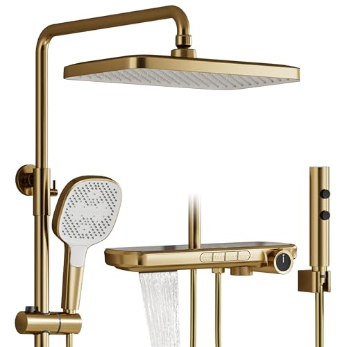 Colonne De Douche,Or Brossé 4 fonctions colonne de douche thermostatique,Équipé d'une pomme de douche de 350 × 220 mm,D'une douchette,D'un pistolet de...