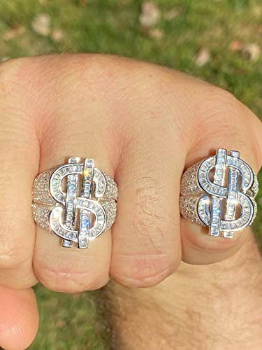 HarlemBling Solid 925 Sterling Silver - Money $ Ring - Iced Flooded Out Baguette Diamond Mens Hip Hop Dollar Sign Ring - Sizes 7-132