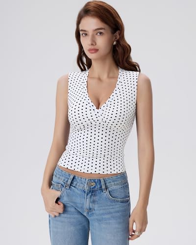Image of SUUKSESS Women Built in Bra V Neck Tank Tops Double Lined Summer Going Out Camisole Tops