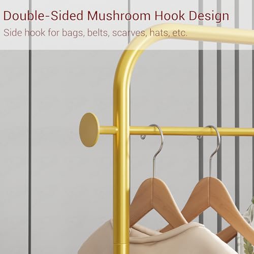 Image of Lukzer | MGR-009 | Gold | Metal Clothes Rail Stand with 360 Rotating Wheels, 4 Side Hooks & 1-Tier Leather Storage Bin - Garment Rack Organizer for Bedroom, Closet, Dorm, Laundry | 171 x 75 x 35 cm