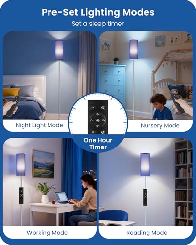 Image of Dimmable Floor Lamps for Living Room with Remote and Foot Switch, 64.4 inch Modern Standing Tall Lamp, Corner Lamp for Bedroom, Office, Bulb Included, 3000K-6500K, Blue and Silver, FCC Listed SU06LD05W1