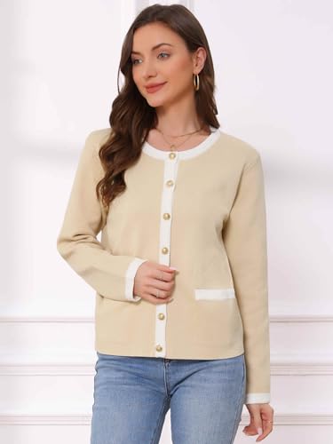 Allegra K Knitted Cardigan for Women's Color Block Long Sleeve Lightweight Crew Neck Elegant Contrast Sweater Blouse Tops4