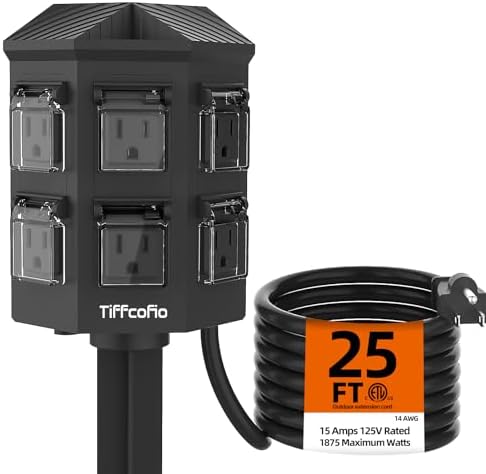 TiFFCOFiO Outdoor Power Strip Weatherproof, 25 FT Extension Cord ...