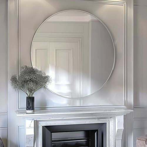 Image of Sunniry Silver Round Mirror 40 inch, Circle Wall Mirror with Metal Frame | Brushed Aluminum Frame, High Definition, No Distortion, Easy installation,Gold Mirror for Restroom, Cloakroom, Guest Room