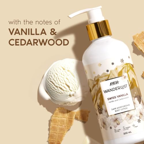 Image of Nykaa Wanderlust Swiss Vanilla Body Lotion, Long-Lasting Vanilla & Cedarwood Fragrance, Intense Hydration, Vegan, Paraben-Free, 24Hr Moisture, 300ml