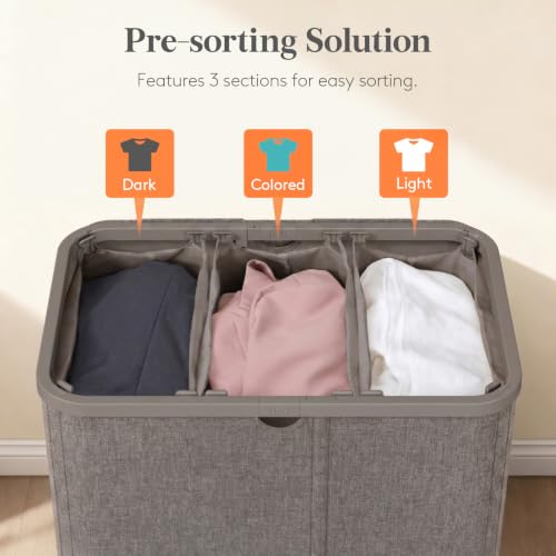 Image of Lifewit 185L 3 Section Laundry Hamper with Lid, Large Laundry Basket with Handles and Removable Bags, Tall Clothes Hamper, Foldable Laundry Sorter for Bedroom Bathroom, Brown