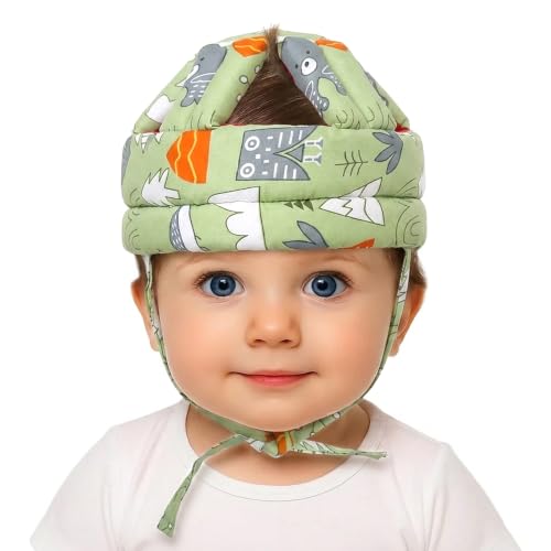 Image of GLUN Baby Head Safety Helmet, Pack of 1 Green Printed Colour, Lightweight & Breathable Safety Head Protector Helmet, Crawling, Soft Cushion Safety Headguard, 6-12 Months Cushion Bumper