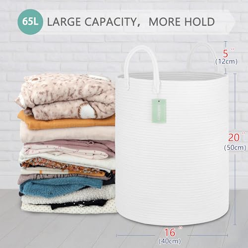 Image of Large Cotton Rope Laundry Hamper for Girls Boys Kids 65L, White