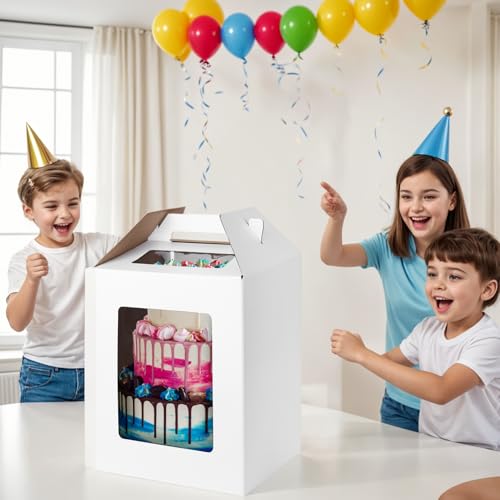 JOHOUSE 3PCS Cake Boxes, 12x12x14 Inches Cake Carriers Disposable Cake Containers with Handle for Tier Cakes, Tall Cake Boxes for Wedding Birthday Party