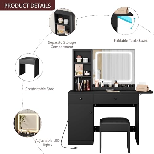 GAOMON Vanity Desk with Mirror and Lights, Makeup Vanity with 2 Drawers & 2 Shelves & One Door, 3 Lighting Modes Adjustable Brightness, Bedroom Dressing Table, Black