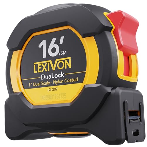 LEXIVON 16Ft/5m DuaLock Tape Measure | 1-Inch Wide Blade with Nylon Coating, Matt Finish White & Yellow Dual Sided Rule Print | Ft/Inch/Fractions/Metric (LX-207)
