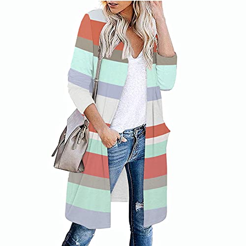 Cardigã feminino listrado drapeado com blocos de cores, manga comprida, frente aberta, casual, de tr