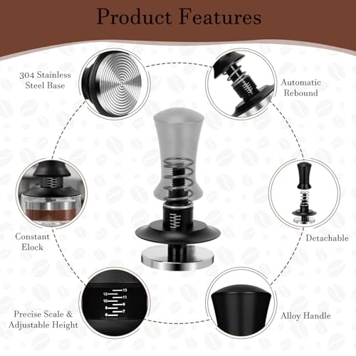Image of 51mm Coffee Tamper with Precise Scales, Adjustable Constant Pressure Coffee Tamper for Espresso Machine, Spring-Loaded Auto-Return Espresso Accessories for Home Commercial Espresso Brewing