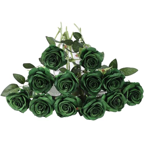 Laelfe 12 PCS Artificial Flowers Silk Flowers Fake Long Stem Artificial Roses for Home Wedding Bathroom Kitchen Decorations Dark Green