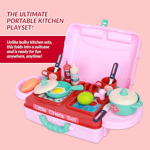 Image of PUREjoy 3in1 Plastic Pretend Play Portable 28 pcs Kitchen Set for Girls and Boys