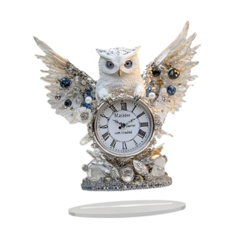 F Fityle Hibou Plat en Acrylique sur l'horloge, Panneau de Table, décoration de Bureau avec Base, Affichage Double Face Polyvalent, 18,6x20cm