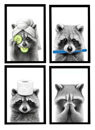 Mira Mest Framed Bathroom Wall Decor | Funny Quotes & Cute Animal Art Prints | Quirky Toilet Signs & Guest Bath Decorations | Minimalist Black & White Washroom Signs | Ready to Hang Toilet Humor for Home & Powder Room (Racoon Set of 4)