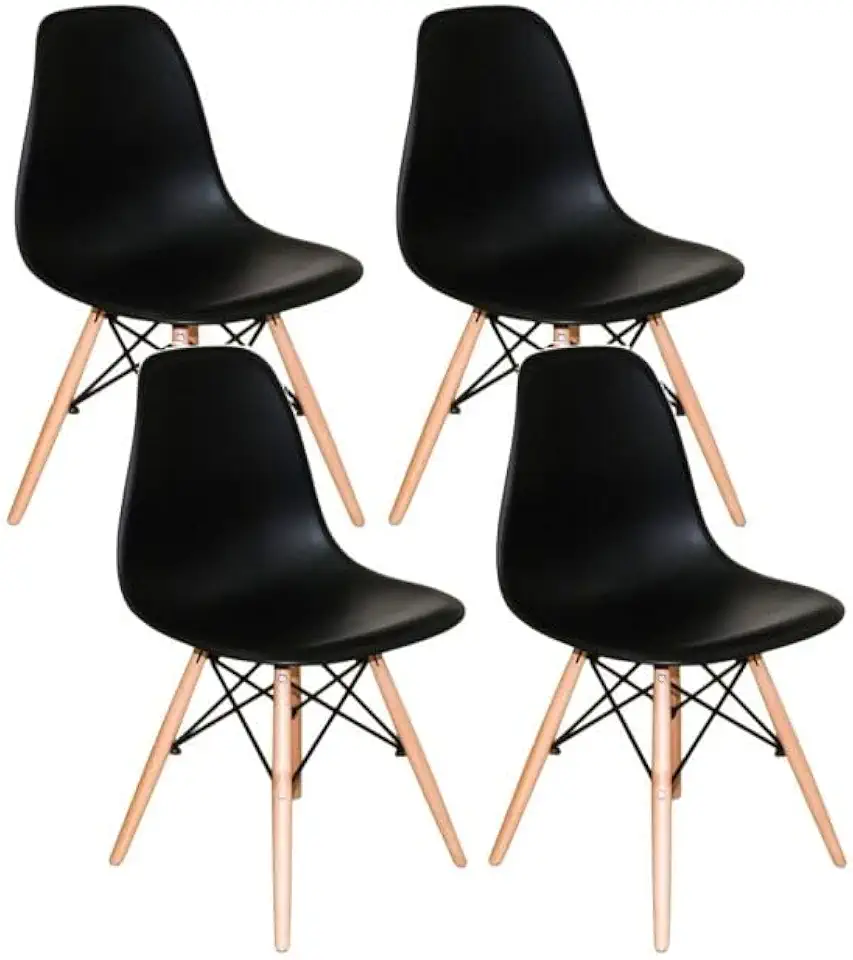 Kit 4 Cadeiras Eiffel Charles Eames DSW – Polipropileno Preto e Base de Madeira Clara – Sala de Jantar, Cozinha ou Escritório (Preto)
