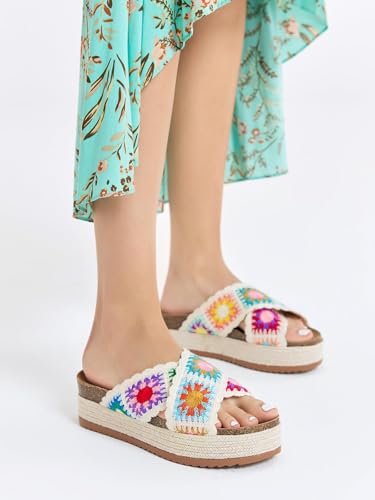 Coutgo Womens Platform Espadrille Sandals Flatform Floral Crochet Cork Open Toe Summer Beach Slide Sandals2