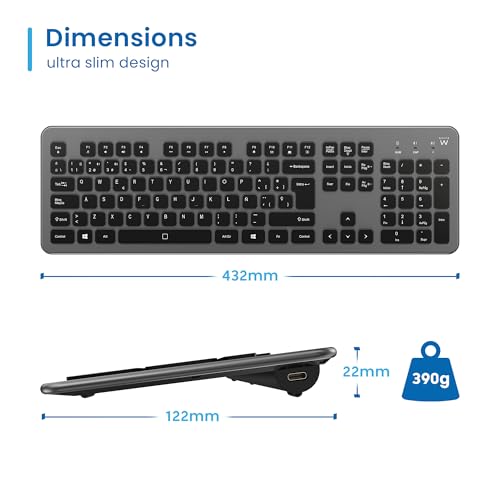 Miniatura 3 de Ewent Teclado Inalámbrico Retroiluminado Ew3296 - Bluetooth Inalámbrico 2.4ghz, Teclado Español, Teclas Silenciosas, Batería Recargable, Tamaño Completo
