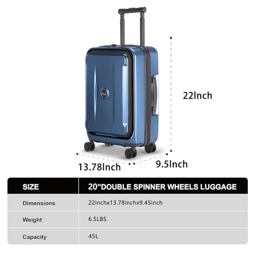 Image of Carry On Luggage with Front Pocket & USB Port, PC Hardside 20 Inch luggage with Spinner Wheels & Built-in TSA Lock, Durable Lightweight Rolling Suitcase, Bule