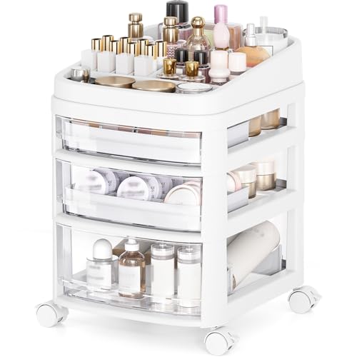 Rolling Cart with 3 Drawers, Clear Plastic Drawer Organizers, Dust Proof Under Desk Storage for Makeup, Skincare, Art Crafts and Baby Items, Acrylic Cosmetic Organizer with Dividers, Vanity Cart