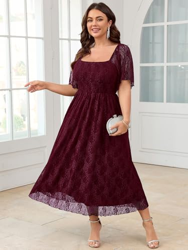 Image of SCOMCHIC Women's Plus Size Wedding Guest Dress Formal Lace Square Neck Short Sleeve Smocked Flowy Cocktail Maxi Dresses