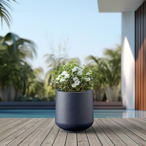 Image of Kante Charcoal Concrete Planter 16.5 inch Dia All-Weather Round Large Pot | Handcrafted Cement Curved, Anti-Frost & UV Outdoors, Plug for Indoor, Lightweight & Durable, Modern Home, Garden, Porch
