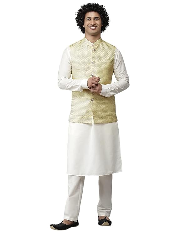 see designs Men Lime Yellow & White Solid Kurta Pyjamas With Nehru jacket-picture-44