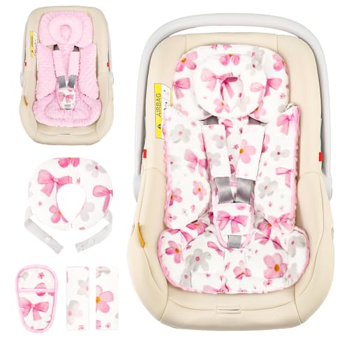 Image of Hooyax Infant Car Seat Insert with Removable Head Support, Dual-Sided Baby Car Seat Cushion for Preemies & Newborns - Universal Head & Body Support for Car Seat, Stroller & Swing(Bow Flower)