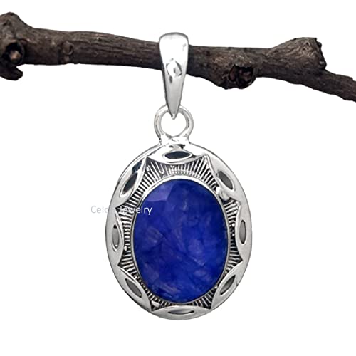 Celcia Jewelry Solid 925 Sterling Silver Pendant For Men Women, Natural Blue Sapphire Faceted Oval Gemstone Unique Handcrafted September Birthstone Pendant cover