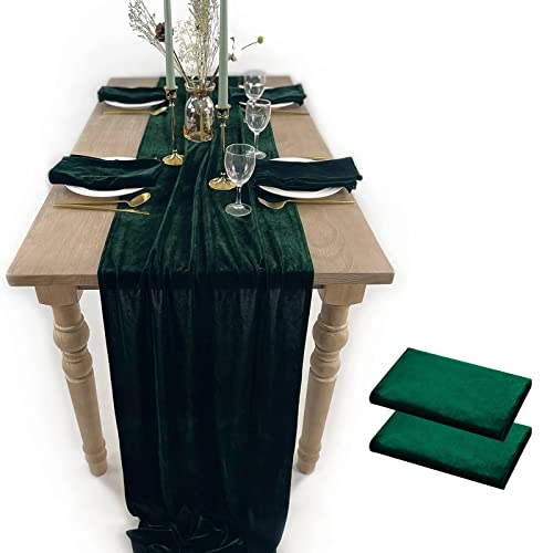 Luxurious Velvet Table Runner, 10ft Wedding Reception Decorations, 20x120inch Soft Velvet Fabric, Table Linen Overlay, Wedding Table Runners (Emerald Green, 20X120inch, 2pack)