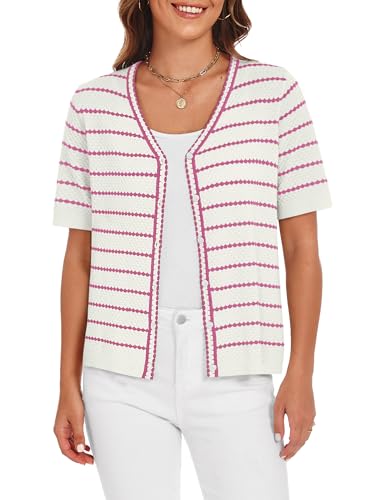 COCCKO Lightweight Cardigans for Women Trendy 2026 Summer Tops Striped Short Sleeve Sweater Crochet Knit Button Cute Tops Pink M — view 4