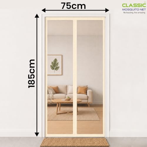 Image of Classic Mosquito Net for Doors with Magnet - Heavy-Duty Fiberglass Mesh | Strong Auto-Close Magnets | Full Frame Hook-&-Loop | DIY Installation for Wooden /UPVC /Marble Doors (185x75 cm, Ivory)