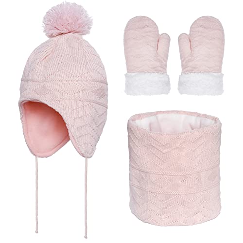 Obmwang Toddler Winter Knit Fleece Lined Earflap Hat Scarf And Warm Fleece Gloves Set Knit Thick Warm Fleece Lined Thermal Sets For Toddler And Little Girls 1-3 Years Pink cover