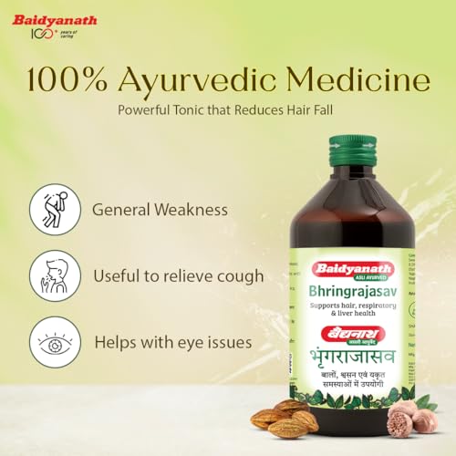 Image of Baidyanath Bhringrajasav Syrup | Ayurvedic Hair Growth, Cough Relief & Multi-Benefit Tonic | The Ultimate Ayurvedic Solution for Respiratory Health, Liver Support, and Blood Purification | Helps in Hairfall & Premature Greying | 450 Ml