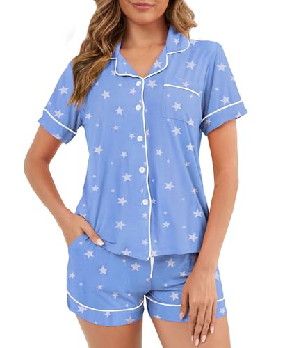 Image of Womens Pajamas Set Short Sleeve Sleepwear Button Down Pjs Shorts Set Soft Pjs Lounge Set With Pockets