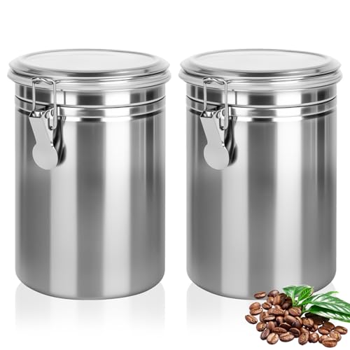RUCUDIM 2 latas de café herméticas con tapa, 1,8 L, recipiente de acero inoxidable, para granos de café, recipiente para moler, granos, té, harina, cereales y azúcar (plata)