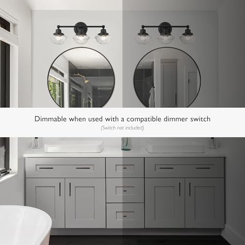 Image of Design House Vintage-Inspired Schoolhouse 3-Light Dimmable Vanity Light, 23.125 in x 7.625 in x 9.5 in, Matte Black, Clear Seeded Glass Shades, 589143-BLK