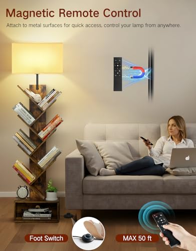 6 Tier Tree Bookshelf with Light, Remote & Timer, Modern Tall Floor Standing Book Shelf, Narrow Wood Bookcase, Small Book Organizer Shelves for Living Room, Bedroom, Office (Rustic Brown) - Image 6