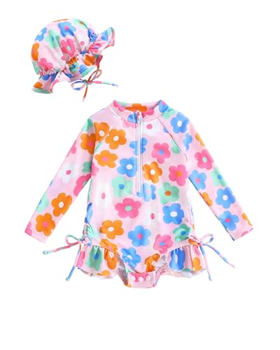 Image of Vibebox Baby Girl Swimsuit Drawstring Zipper Bathing Suit Toddler Girls Long Sleeve One-Piece Rash Guard Swimsuits with Hat